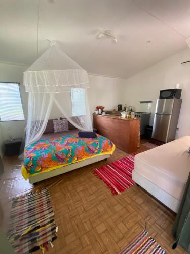 a bedroom with a bed with a canopy at Teumuhonu Tikehau in Tikehau