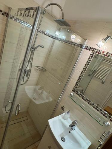 a bathroom with a shower and a sink at Apartament Dworcowa in Kołobrzeg