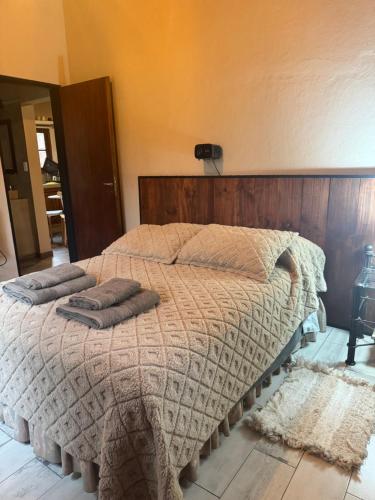 a bedroom with a bed with two pillows on it at La morita hospedaje in Brandsen