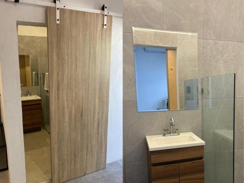 a bathroom with a sink and a mirror at Suite privada con alberca - Cama Queen in El Centenario