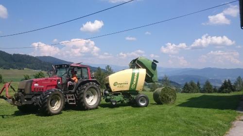 a tractor parked in a field with hay bales at ERLEBNISBAUERNHOF Steinerhof in Kärnten in Liebenfels