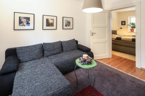 ein Wohnzimmer mit einem grauen Sofa und einem Tisch in der Unterkunft Ferienwohnungen Apartements Buddestrasse Daberstedt in Erfurt