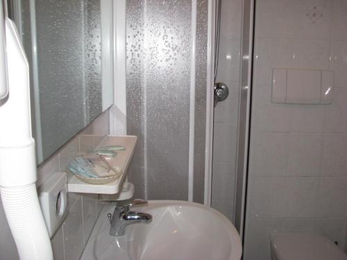ein Bad mit einer Dusche, einem Waschbecken und einem WC in der Unterkunft Hotel Fabius in Rimini