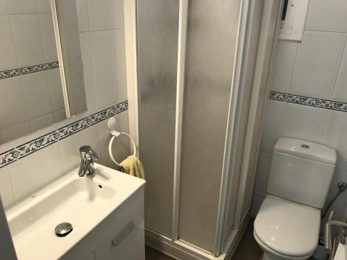 ein Bad mit einem WC, einem Waschbecken und einer Dusche in der Unterkunft La mestrança in Blanes