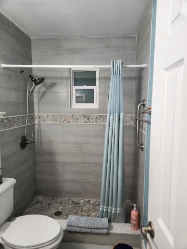 a bathroom with a shower curtain and a toilet at El Palmar Cottages LLC Whole House in Clearwater Beach