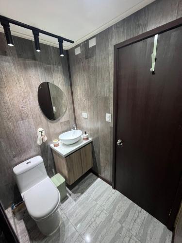 a bathroom with a toilet and a sink and a mirror at Casita Nalca in Chaitén