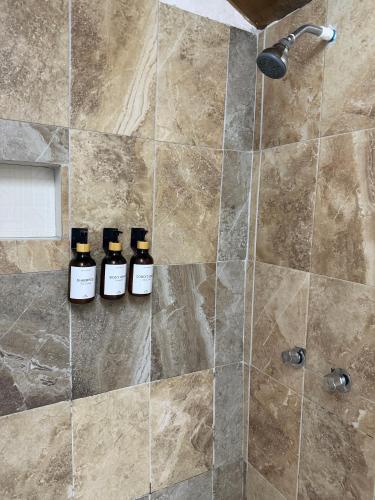 a shower with three bottles of essential oils in a bathroom at Villa Olaya Completo in Xilitla