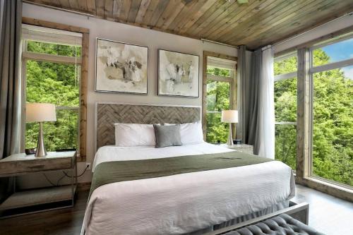 a bedroom with a large bed and two windows at Million Dollar Mountain Views in Gatlinburg