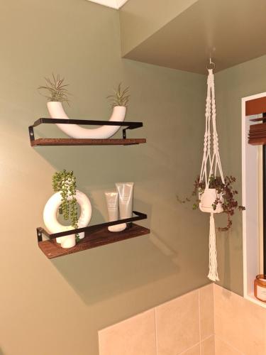a bathroom with two shelves with plants and a swing at Sunset Te Kamo in Whangarei