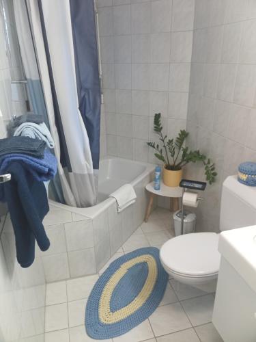 a bathroom with a tub and a toilet and a sink at Garten-Wohnung in Eschen