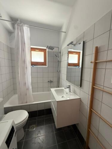 a white bathroom with a sink and a toilet at Villa Pantazi in Riglia