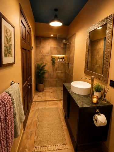 a bathroom with a sink and a shower at Gunnadoo Holiday Hut with Ocean Views and Jacuzzi in Miallo