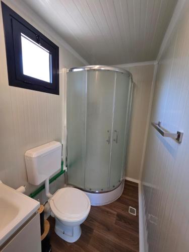 a small bathroom with a shower and a toilet at Miarla Rooms in Borsh