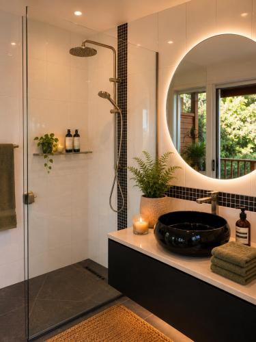 a bathroom with a black tub and a mirror at Sky: rainforest and ocean views with jacuzzi in Miallo