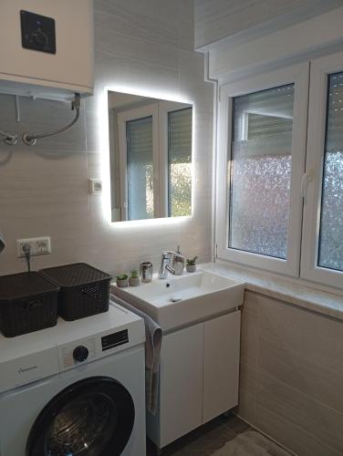 a bathroom with a washing machine and a sink at Vitez apartman in Vitez