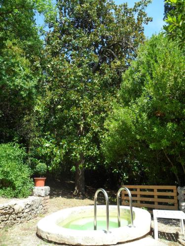 a sink with two faucets in front of a tree at Residenza termale Monte Santo in San Casciano dei Bagni