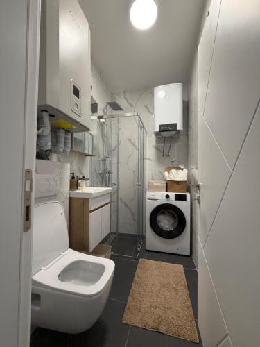 a bathroom with a toilet and a washing machine at AURA apartment Vogošća, Sarajevo in Vogošća