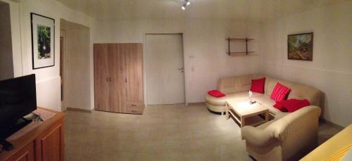 a living room with a couch and a tv at Villa Stadlmann in Bad Ischl