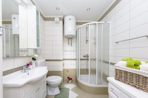 W łazience znajduje się prysznic, toaleta i umywalka. w obiekcie Apartment Kulisic w mieście Mlini