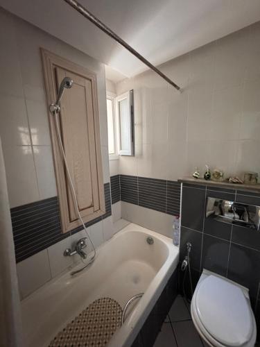 a bathroom with a tub and a toilet and a sink at Front de mer Chott Mariem in Chott Meriem