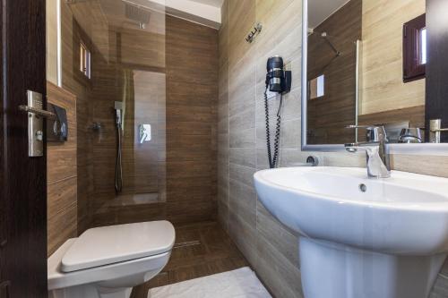 a bathroom with a sink and a toilet at Pensiunea ANDREI OCNELE MARI in Râmnicu Vâlcea