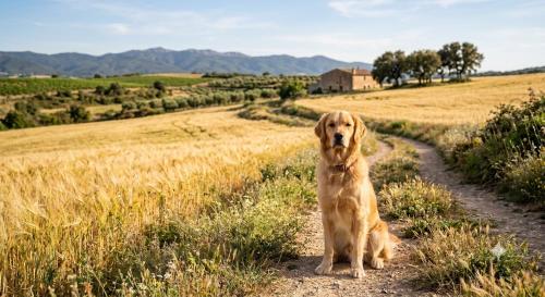 a dog sitting on a dirt road in a field at Hotel Rural Masía Can Felip in Llinars del Vallès