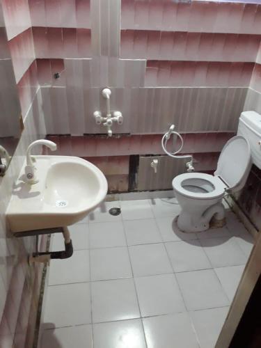 a bathroom with a toilet and a sink at Hotel Raj Bed And Breakfast in Agra