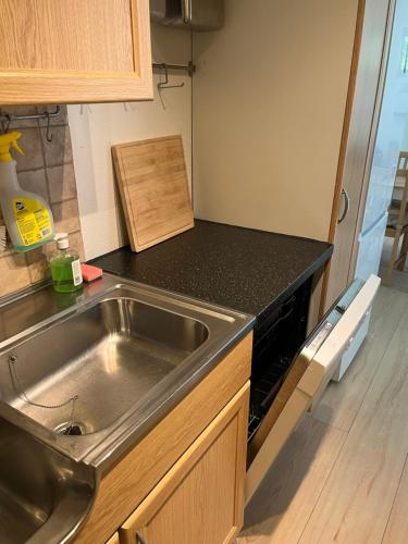 a kitchen with a sink and a counter top at Spacious apartment in Kristiansand with EV Station in Kristiansand