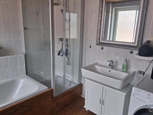 a bathroom with a shower and a sink and a tub at Ferienhaus Schönek in Warmensteinach