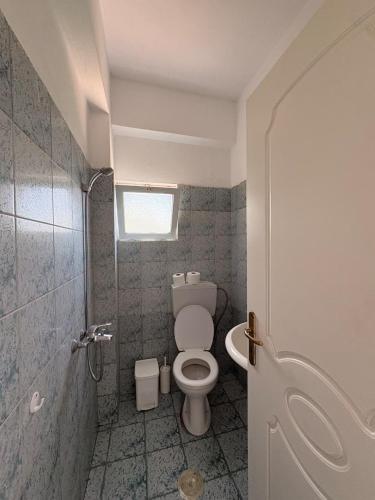 a small bathroom with a toilet and a shower at Eden Apartments in Qeparo