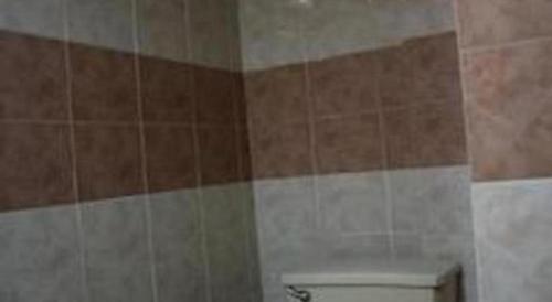 a bathroom with a toilet and brown and white tiles at Splash Mountain Resort & Hotel in Forestry