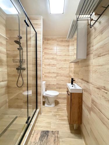 a bathroom with a toilet and a glass shower at Apartmánový byt Kostička 7 in Kadaň