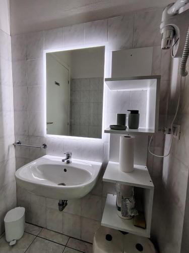 a bathroom with a sink and a mirror at Il Codibugnolo-casa vacanze Arezzo in Arezzo