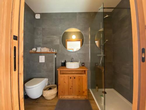 a bathroom with a toilet and a sink and a mirror at Chalet Chante Guisane in Saint-Chaffrey