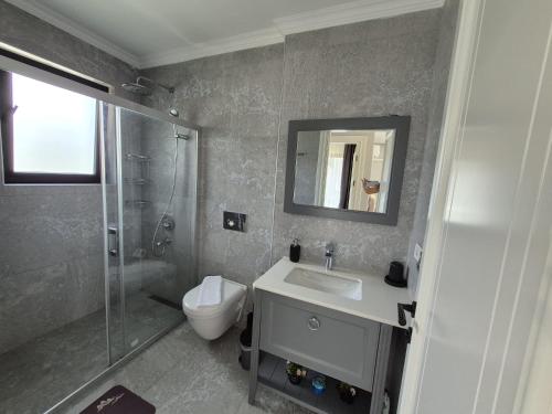 a bathroom with a toilet and a sink and a shower at Villa Kaya Maris Göcek in Fethiye