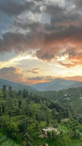 a view of a valley with trees and a sunset at THHPSOCIETY - Exstacy stays & cafe - Your Romantic & Cozy Getaway - Mountain view , Hot tub , Parking - MUKTESHWAR in Mukteshwar