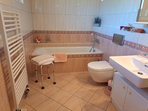 a bathroom with a tub and a toilet and a sink at Ferienwohnung Familie Windt in Feldberg