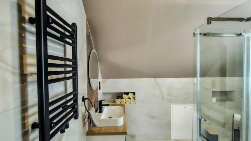 a bathroom with a sink and a glass shower at Widokówka in Baligród