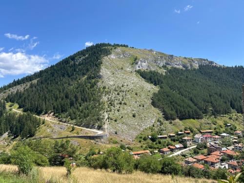 a mountain with houses and a town on it at Къща за гости Изгрев in Trigrad