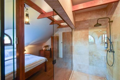 a master bedroom with a shower and a bed at Boutique hotel Pod Barborou in Kutná Hora