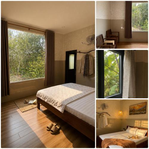 a collage of pictures of a bedroom with a bed and a window at Nếp Nhà Homestay in Tân Phú