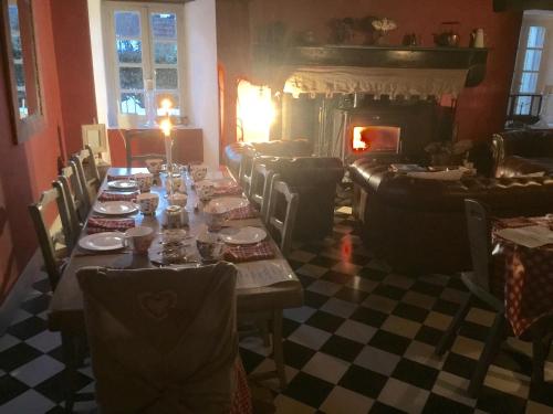a dining room with a long table and a fireplace at Maison Jeanne in Saint-Paul-dʼOueil
