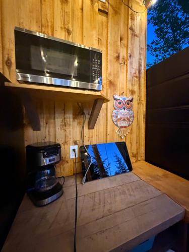a laptop sitting on a table next to a wooden wall at Mytik Shack Sucré in Saint-René-de-Matane