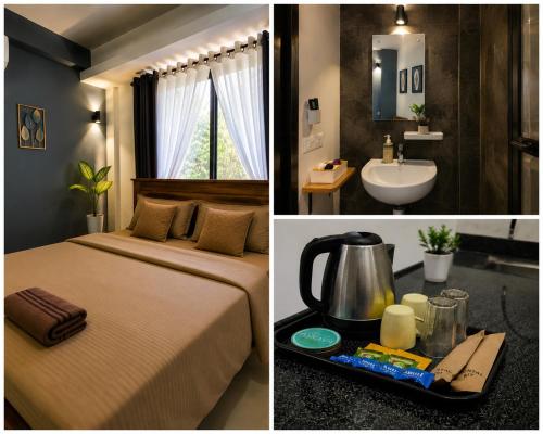 two pictures of a bedroom with a bed and a sink at Assagaon Studio at Kiara Homes in Assagao