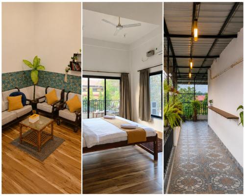 three different views of a bedroom and a living room at Assagaon Studio at Kiara Homes in Assagao