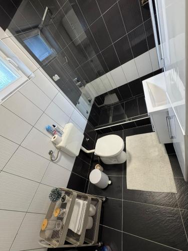 a black and white bathroom with a toilet and a sink at Exclusive Una 4 in Bihać