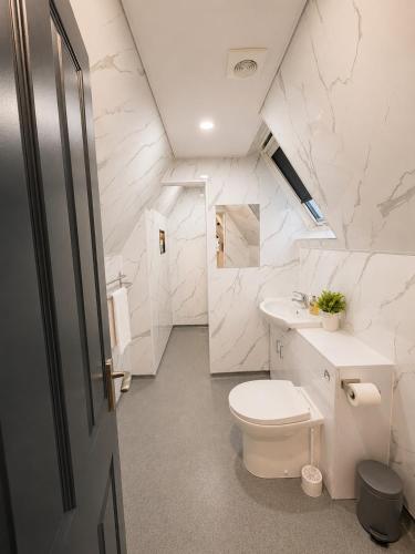a white bathroom with a toilet and a sink at 7 Bed, 7 BR Victorian Accom - Sleeps 14 in Walsall