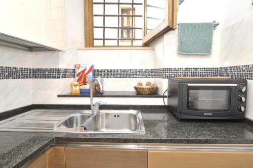 a kitchen counter with a sink and a microwave at La Casa nel Borgo, a 20 minuti da Roma, relax e comfort con tutte le dotazioni, WiFi free in Monterotondo