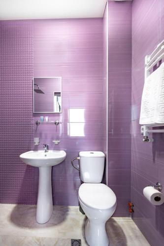 a purple bathroom with a toilet and a sink at Hotel Caucasus Borjomi in Borjomi