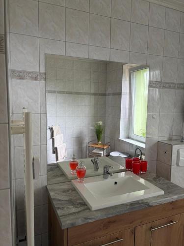 a bathroom with a large sink and a mirror at Apartments Zur Eiche in Großräschen